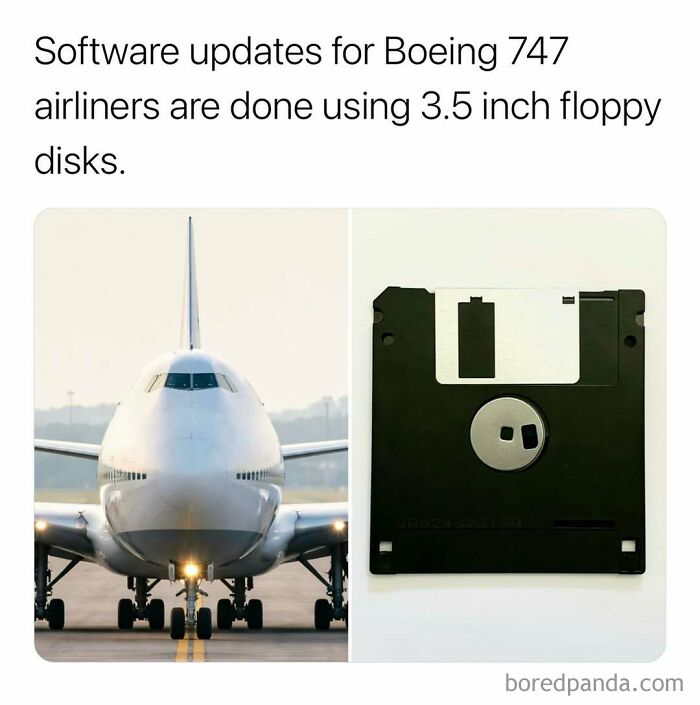 Boeing 747 software updates performed using 3.5 inch floppy disks, a surprising tech fact from new pics.