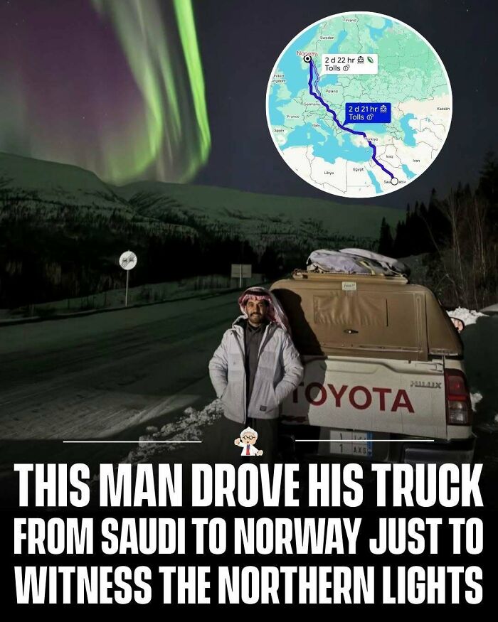 Man standing by his truck under northern lights with map showing Saudi to Norway route in wholesome facts context.