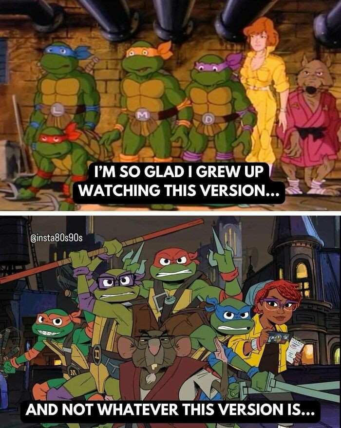 Classic and modern Teenage Mutant Ninja Turtles side by side, highlighting '90s nostalgia and differences in animation styles.