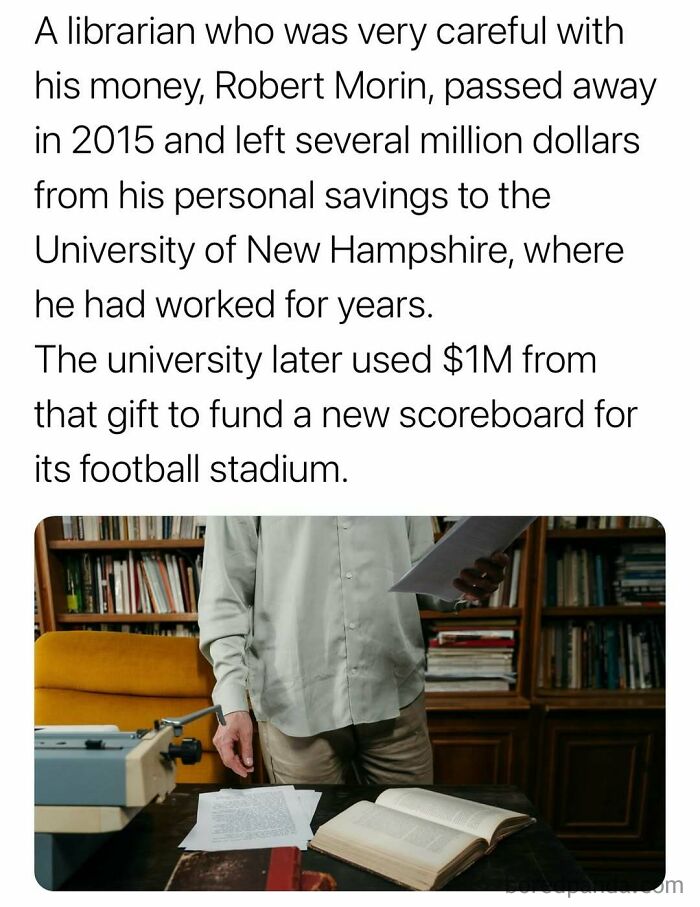Librarian’s surprising donation helped fund a new football stadium scoreboard at University of New Hampshire.