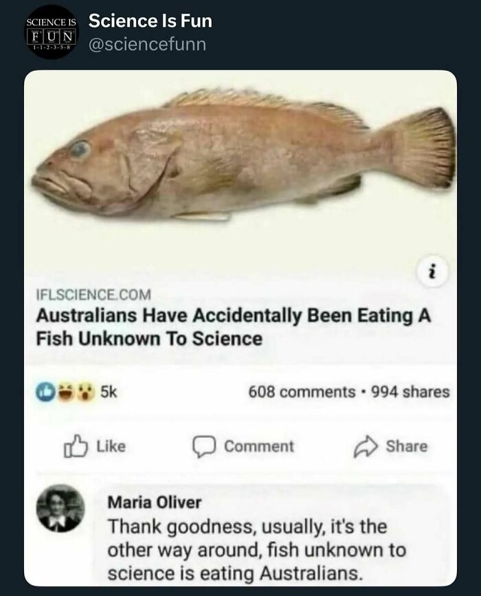 Social media post about science memes featuring a fish unknown to science and humorous comments.