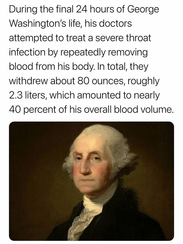 Portrait of George Washington with surprising facts about his doctors removing 40 percent of his blood during his final hours.