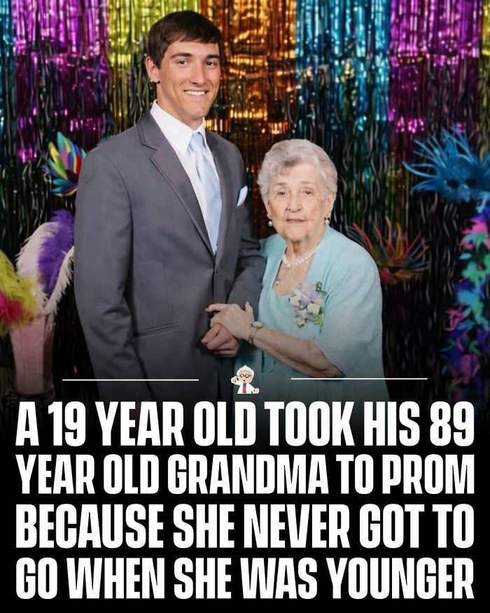 A young man and his elderly grandma smiling at prom, showcasing wholesome and interesting stories from all over the world.