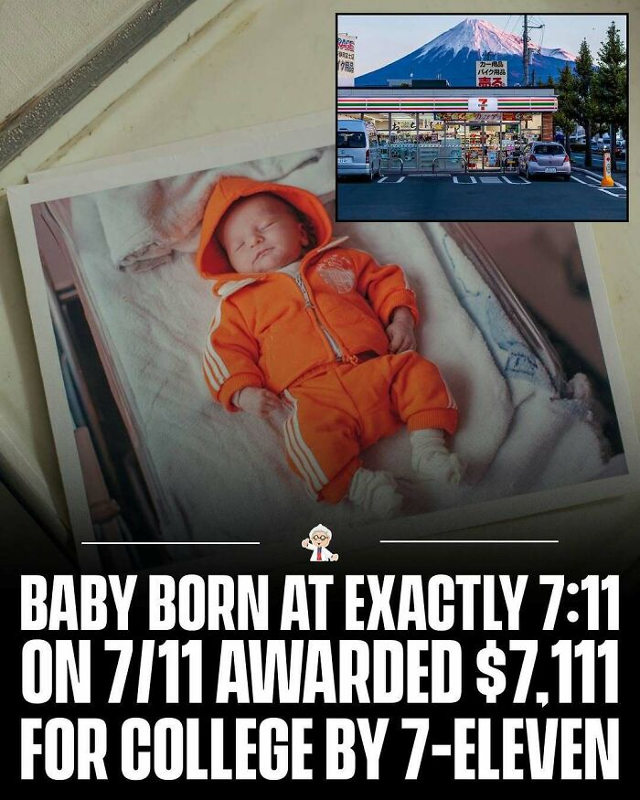Baby born at 7:11 on 7/11 awarded $7,111 for college by 7-Eleven in a wholesome and interesting story.