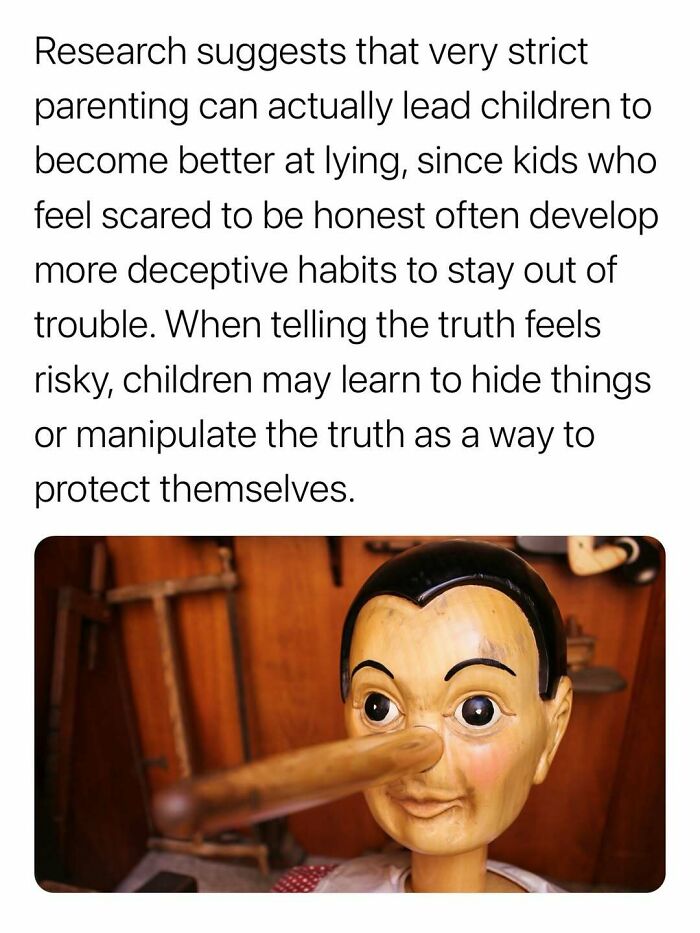 Research on strict parenting and surprising facts about children's deceitful behavior with a Pinocchio puppet image.