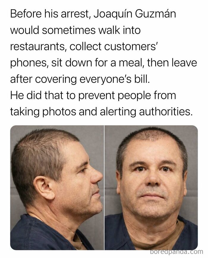 Mugshots of Joaquín Guzmán with a fact about his surprising behavior to prevent photos before arrest.