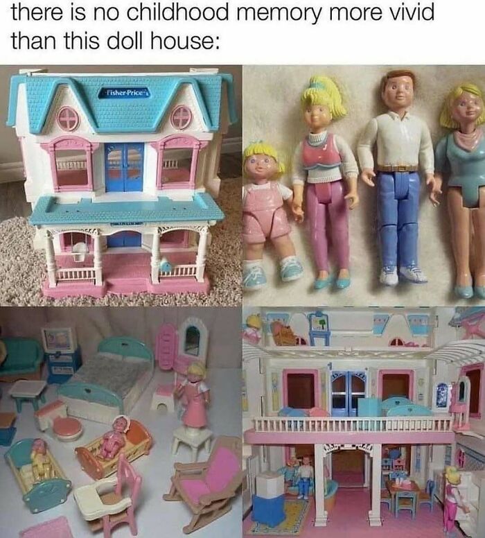 Vintage Fisher-Price dollhouse and figures from the 90s showing toys that no longer exist today.