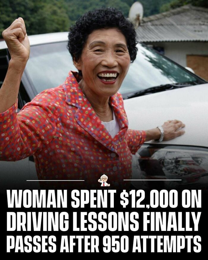 Elderly woman celebrating after passing driving test, representing wholesome and interesting facts from around the world.