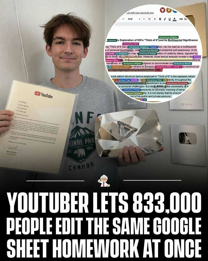 Young YouTuber holding a YouTube award and letter, with a screenshot of a widely edited Google Sheet filled with facts.