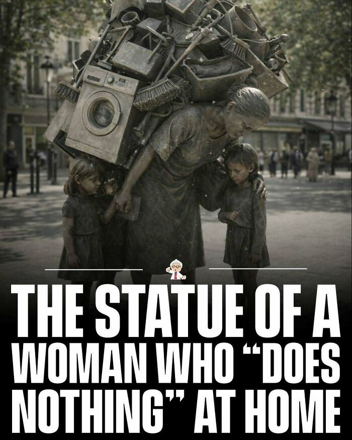 Statue showing a woman carrying heavy household items with two children, reflecting wholesome and interesting facts worldwide.