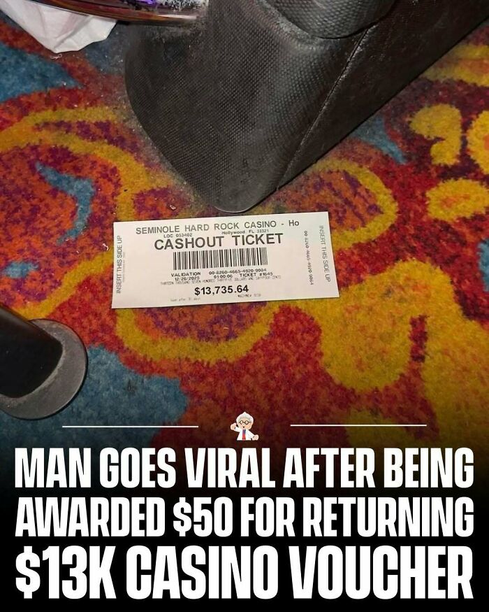 Cashout ticket for $13,735 on colorful casino carpet, highlighting interesting facts and stories from around the world.
