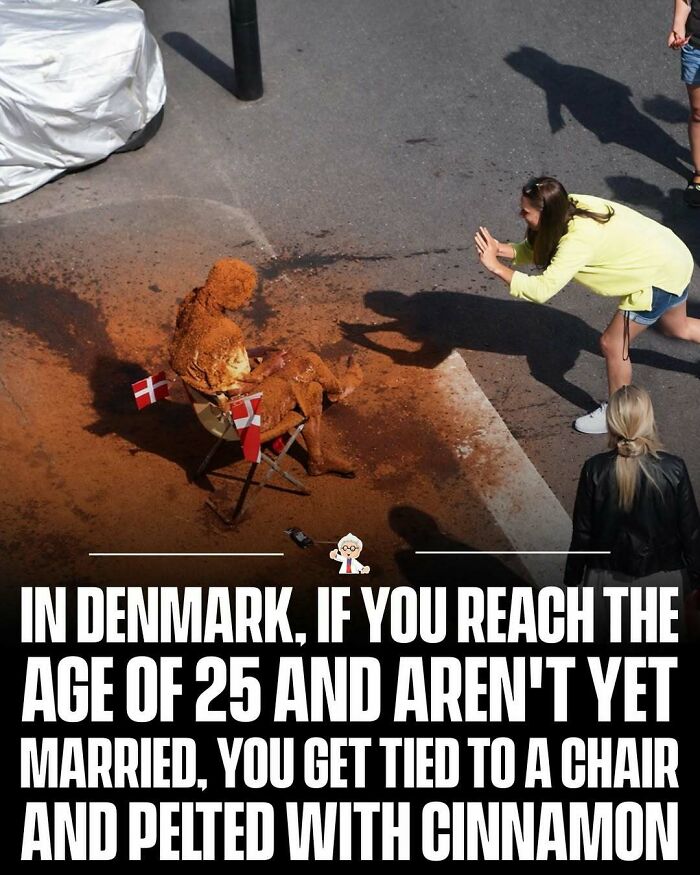 Person covered in cinnamon tied to a chair during a tradition in Denmark, a wholesome and interesting fact from around the world.
