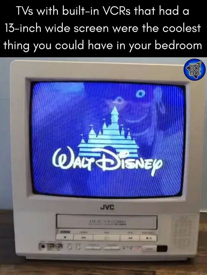 TV with built-in VCR and 13-inch screen showing Walt Disney logo, representing 90s parts of life that don’t exist anymore