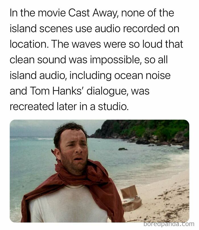 Scene from Cast Away with Tom Hanks on a beach, illustrating surprising facts about movie sound production.
