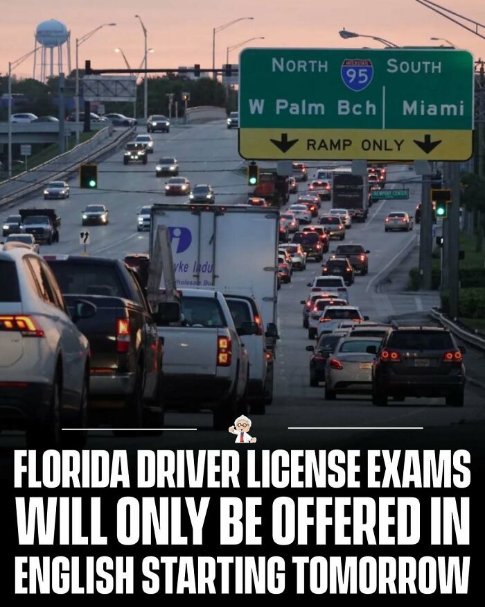 Heavy traffic on a highway in Florida with a sign for I-95 toward West Palm Beach and Miami, sharing interesting facts.