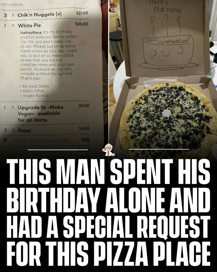 Pizza box with a birthday cake drawing and a pizza covered in black olives, illustrating wholesome and interesting facts.