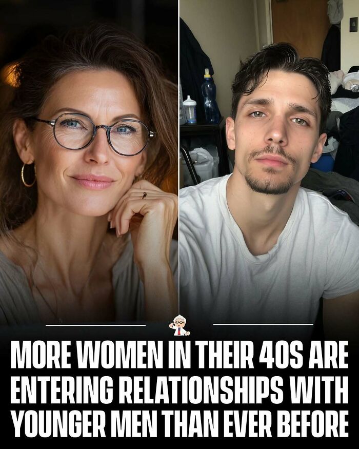 Portraits of a woman in her 40s and a younger man illustrating interesting facts about modern relationships worldwide.