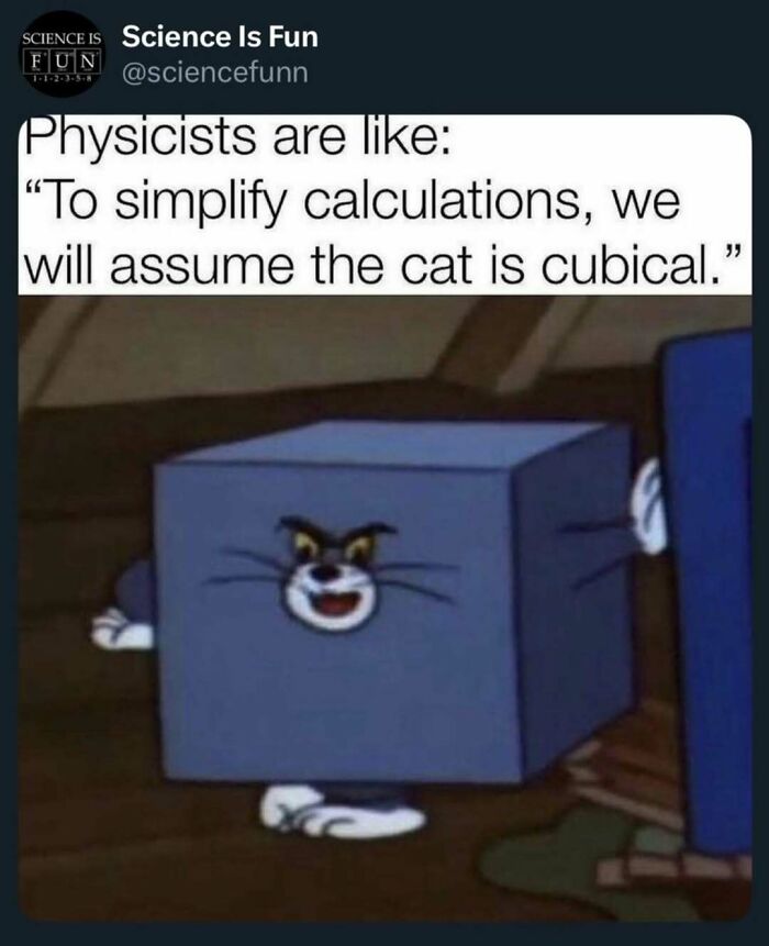 Cartoon cat shaped as a cube with text about physicists simplifying calculations in science memes and posts.