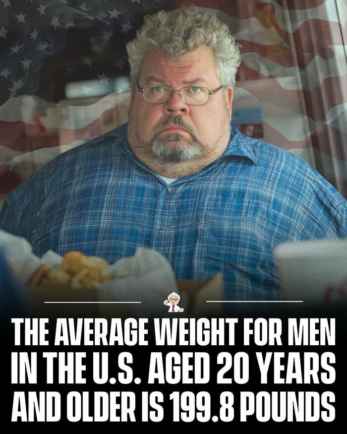 Middle-aged man with glasses in front of American flag, highlighting interesting facts about average weight in the U.S.