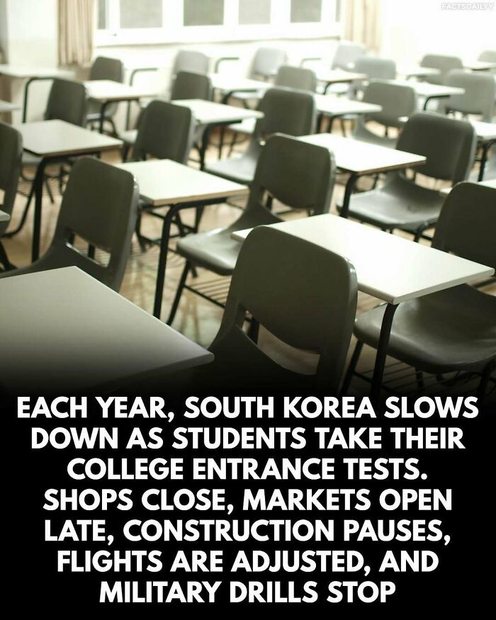 Empty classroom with desks and chairs arranged in rows, highlighting surprising facts about college entrance tests in South Korea.