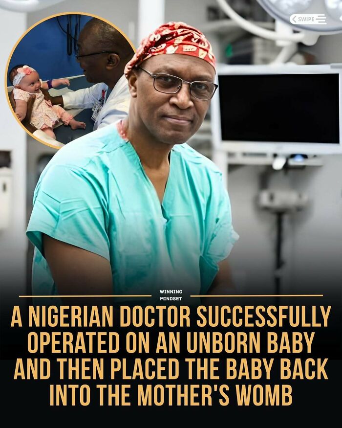 Nigerian doctor in scrubs after successfully operating on an unborn baby, representing good news from around the world.