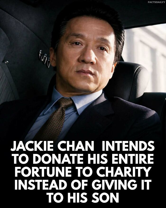 Jackie Chan in a suit sitting in a car, surprising charity donation fact from can't make this up series.
