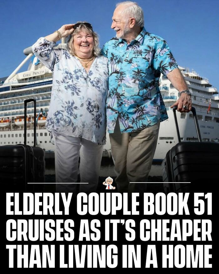 Elderly couple smiling with suitcases in front of a cruise ship, highlighting wholesome and interesting travel stories.