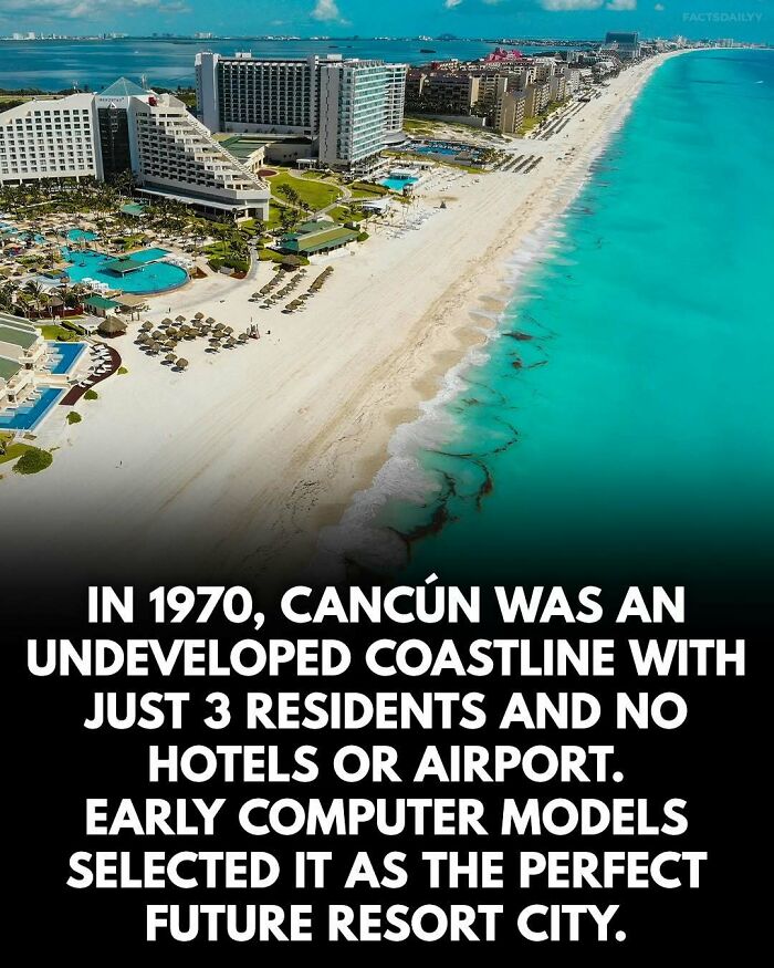 Aerial view of Cancun coastline with resorts and turquoise water, highlighting surprising facts about the growing resort city.