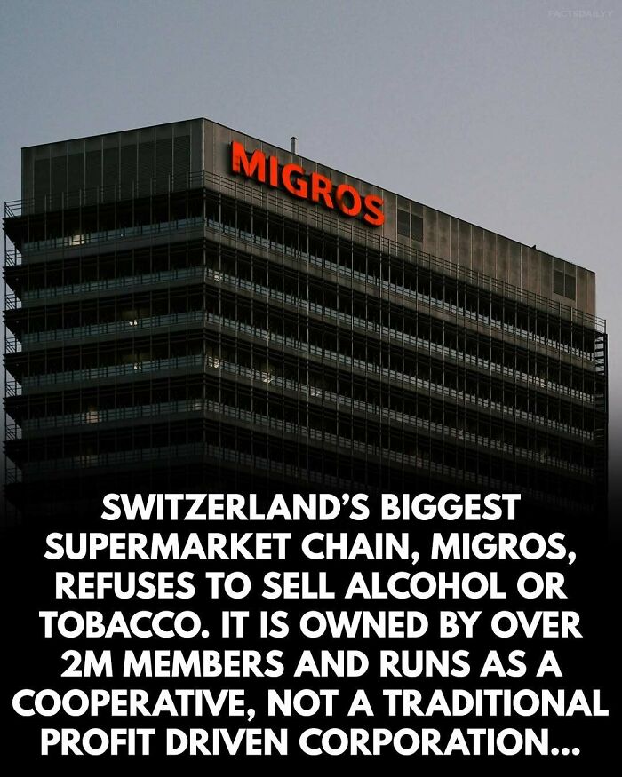 Migros building in Switzerland with text about surprising facts of the biggest supermarket chain and its cooperative model.