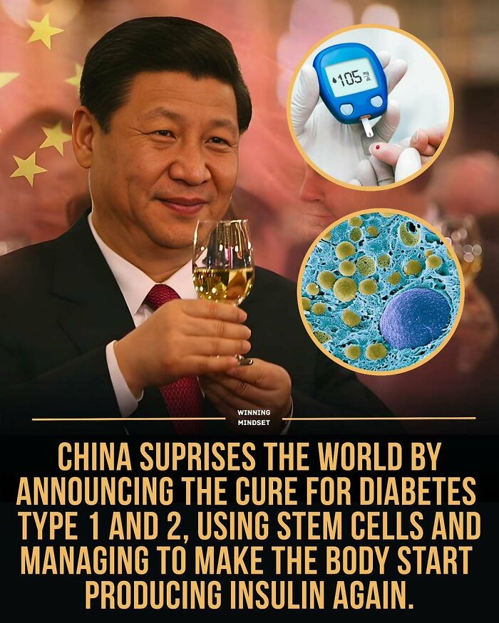 Man holding a glass with images of diabetes test and stem cells, highlighting good news from around the world.