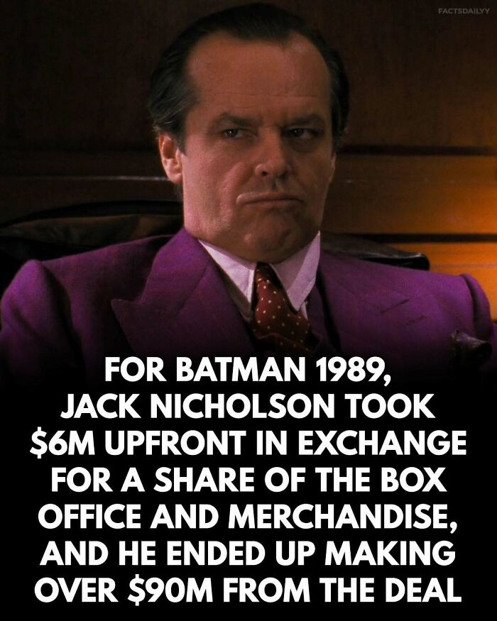 Jack Nicholson in character wearing a purple suit, with surprising facts about his Batman 1989 earnings and deal.
