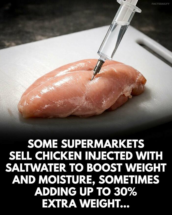 Raw chicken breast being injected with liquid on a cutting board illustrating surprising facts about food and weight boosting.