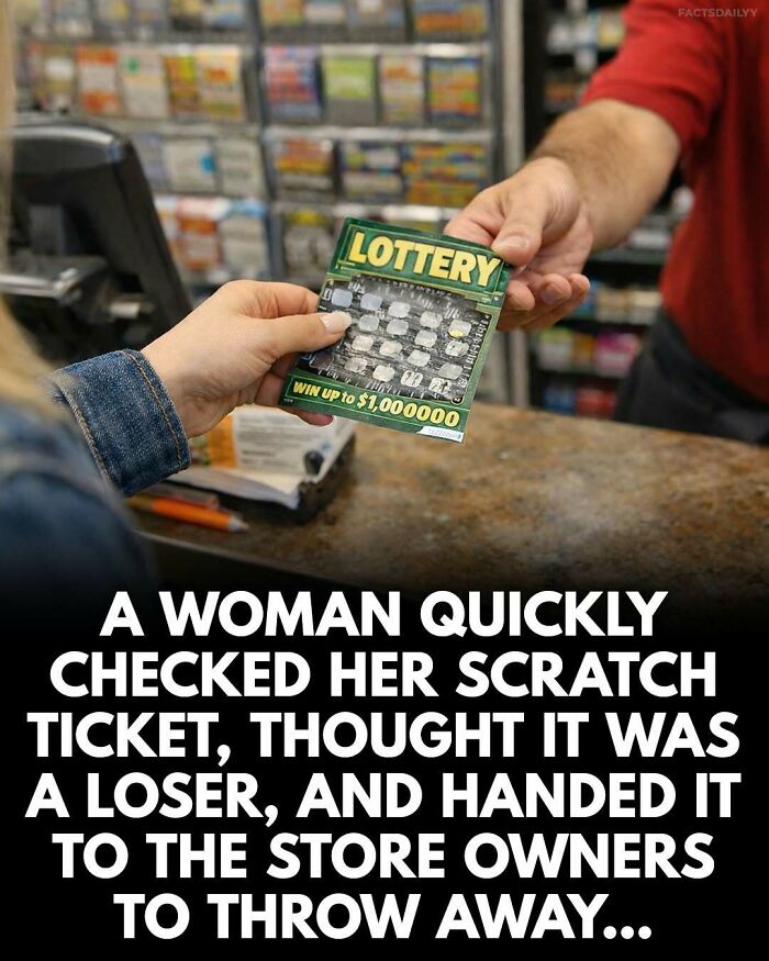 A woman handing a lottery scratch ticket to a store clerk after checking it, in a retail setting with colorful tickets.