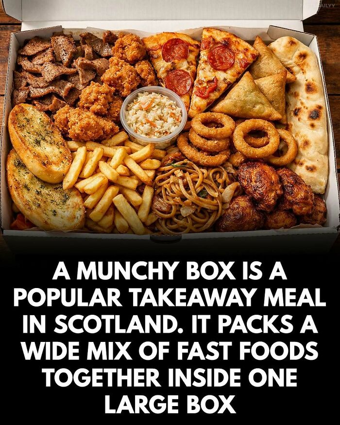 Munchy box takeaway meal with a surprising mix of fast foods from Scotland in one large box.