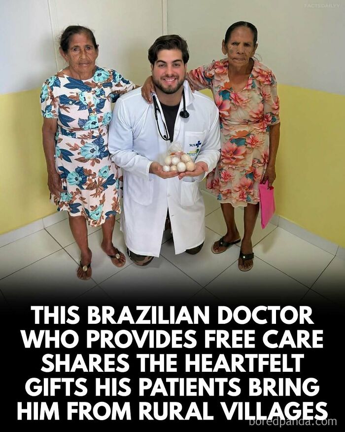 Brazilian doctor providing free care holds eggs gifted by patients from rural villages in a surprising heartfelt moment.