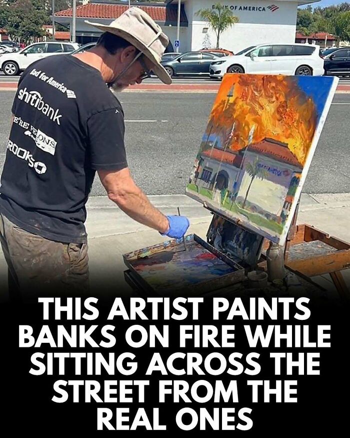 Artist painting a bank on fire outdoors, capturing surprising facts with vivid flames and detailed brushwork.