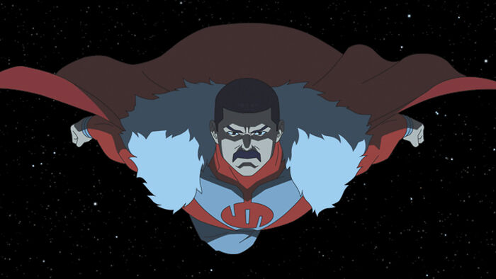 Animated superhero character flying through space with a red cape, related to Tom Cruise Invincible Season 4 fans speculation.