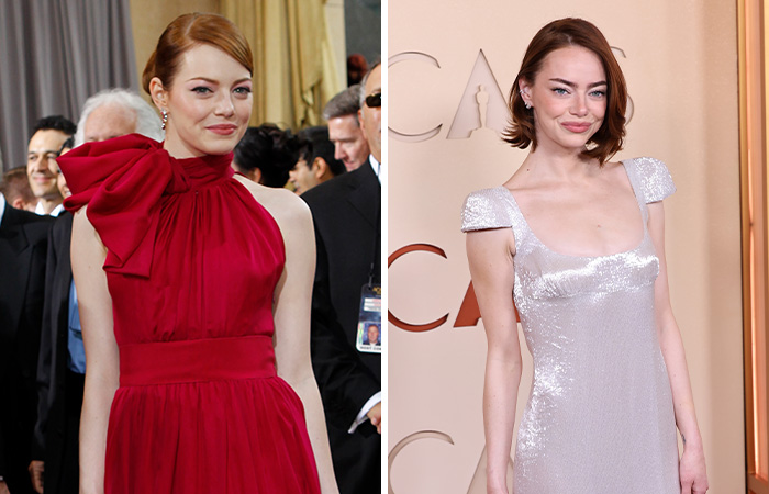 Actress Emma Stone at the Oscars, showing then and now comparisons from their first and recent Academy Awards appearances.