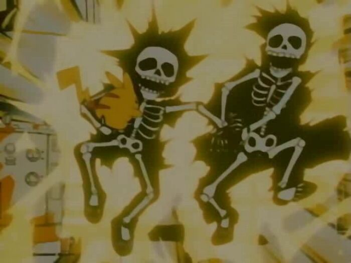 Animated skeletons reacting to an electric shock, illustrating a shocking moment in interesting rabbit holes discovery.