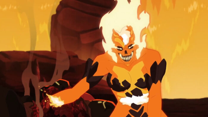 Animated character Satan in Invincible Season 4 Episode 4, featuring guest voice actors and familiar voices in a fiery setting.