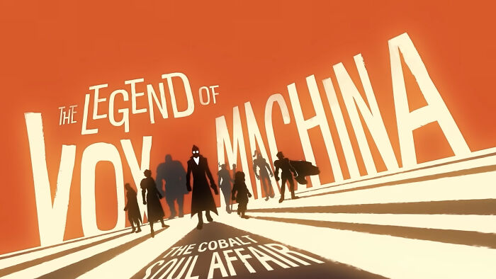 The Legend of Vox Machina characters walking with shadows against an orange background, showcasing Vox Machina.