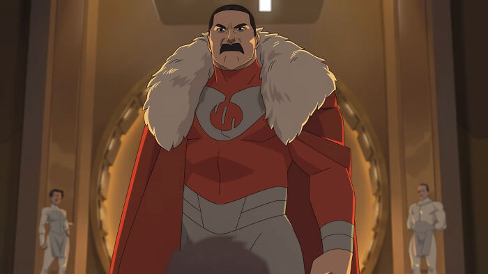 Animated ultimate villain from Invincible wearing a red and gray suit with a fur cape in a dark throne room setting Animated ultimate villain from Invincible wearing a red and gray suit with a fur cape in a dark throne room setting