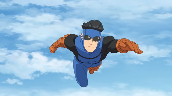 Animated character in blue and black costume with gloves flying through the sky, showcasing Invincible ultimate villain concept. Animated character in blue and black costume with gloves flying through the sky, showcasing Invincible ultimate villain concept.