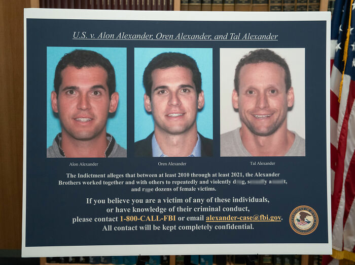 Infamous luxury real estate brothers displayed in a criminal case poster related to human trafficking allegations.