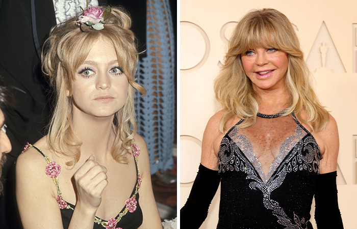 Goldie Hawn at the Oscars then and now, showcasing the transformation of stars from their first to recent Academy Awards appearances.