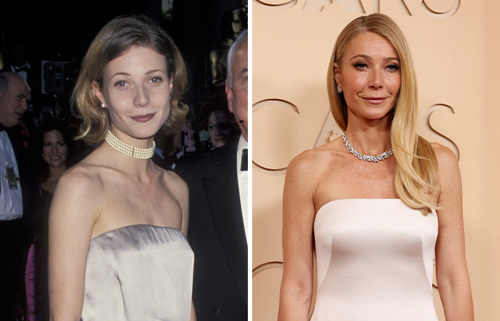 Gwyneth Paltrow at the Oscars then and now, showcasing her evolving style at the Academy Awards over the years