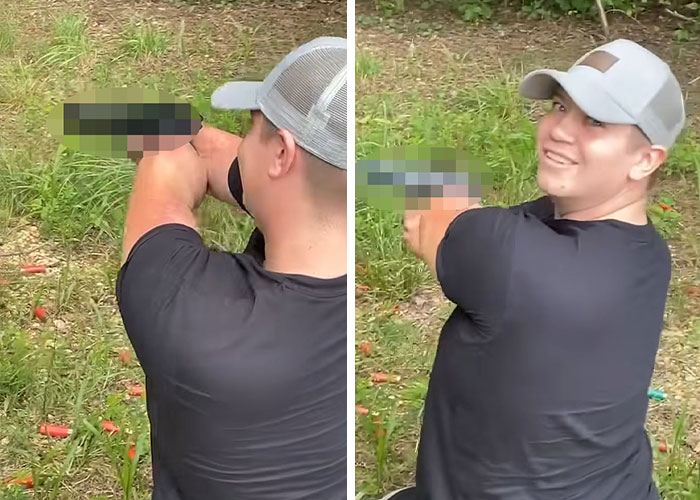Man with no arms or legs holding and aiming a firearm outdoors in a grassy area with scattered s*****n shells.
