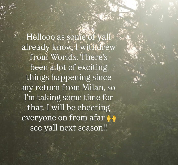 Text message from US Olympic hero Alysa Liu announcing her withdrawal from World Championships and taking time off.