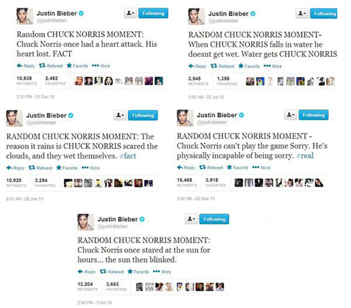 Justin Bieber tweets sharing popular Chuck Norris memes as fans pay tribute to the late icon with humor and admiration.