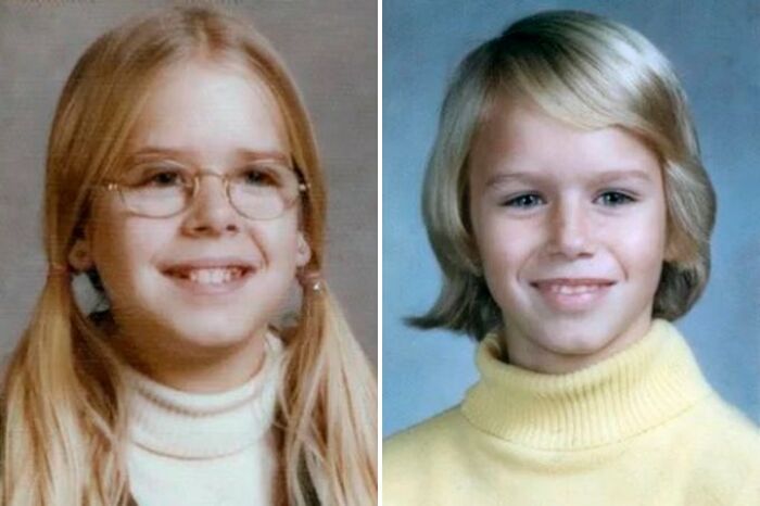 Side-by-side childhood portraits of a girl with glasses and a boy, illustrating disturbing images from real life nightmares.